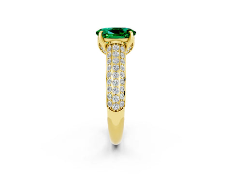 Yellow gold Oval Cut Emerald Solitaire Ring with Three-Row Pavé Band and Four-Prong Setting_14