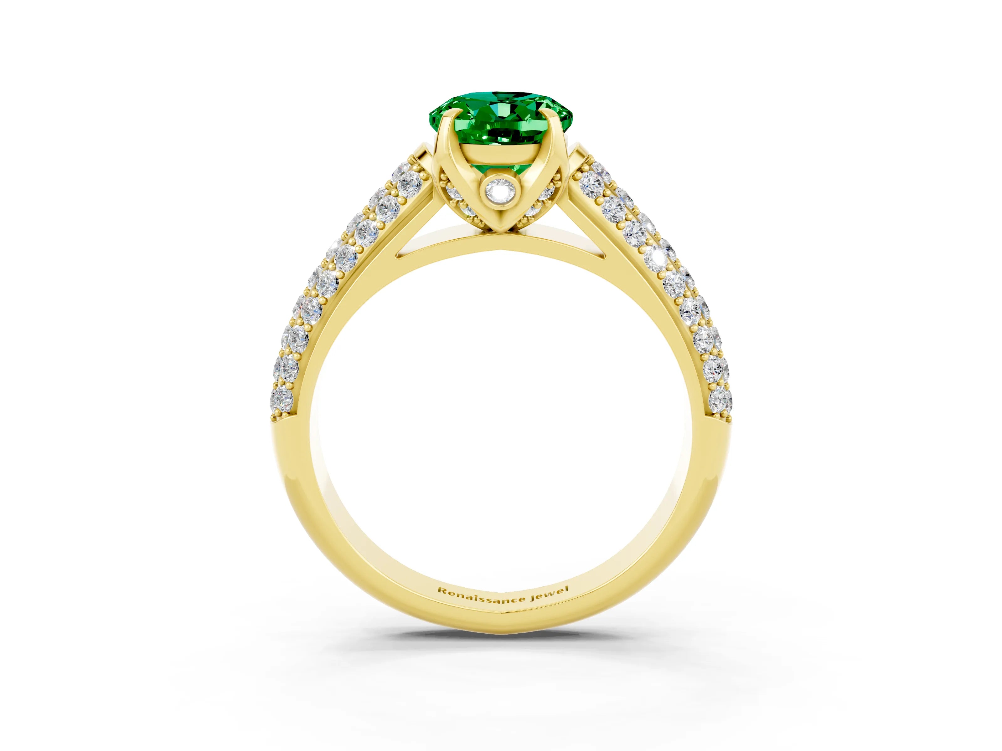 Yellow gold Oval Cut Emerald Solitaire Ring with Three-Row Pavé Band and Four-Prong Setting_15