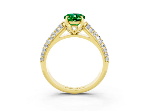 Yellow gold Oval Cut Emerald Solitaire Ring with Three-Row Pavé Band and Four-Prong Setting_15