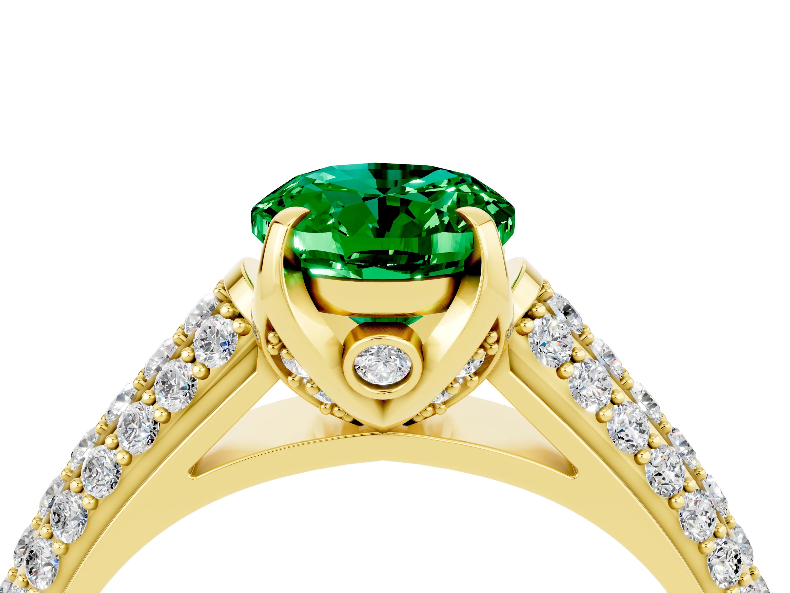Yellow gold Oval Cut Emerald Solitaire Ring with Three-Row Pavé Band and Four-Prong Setting_16