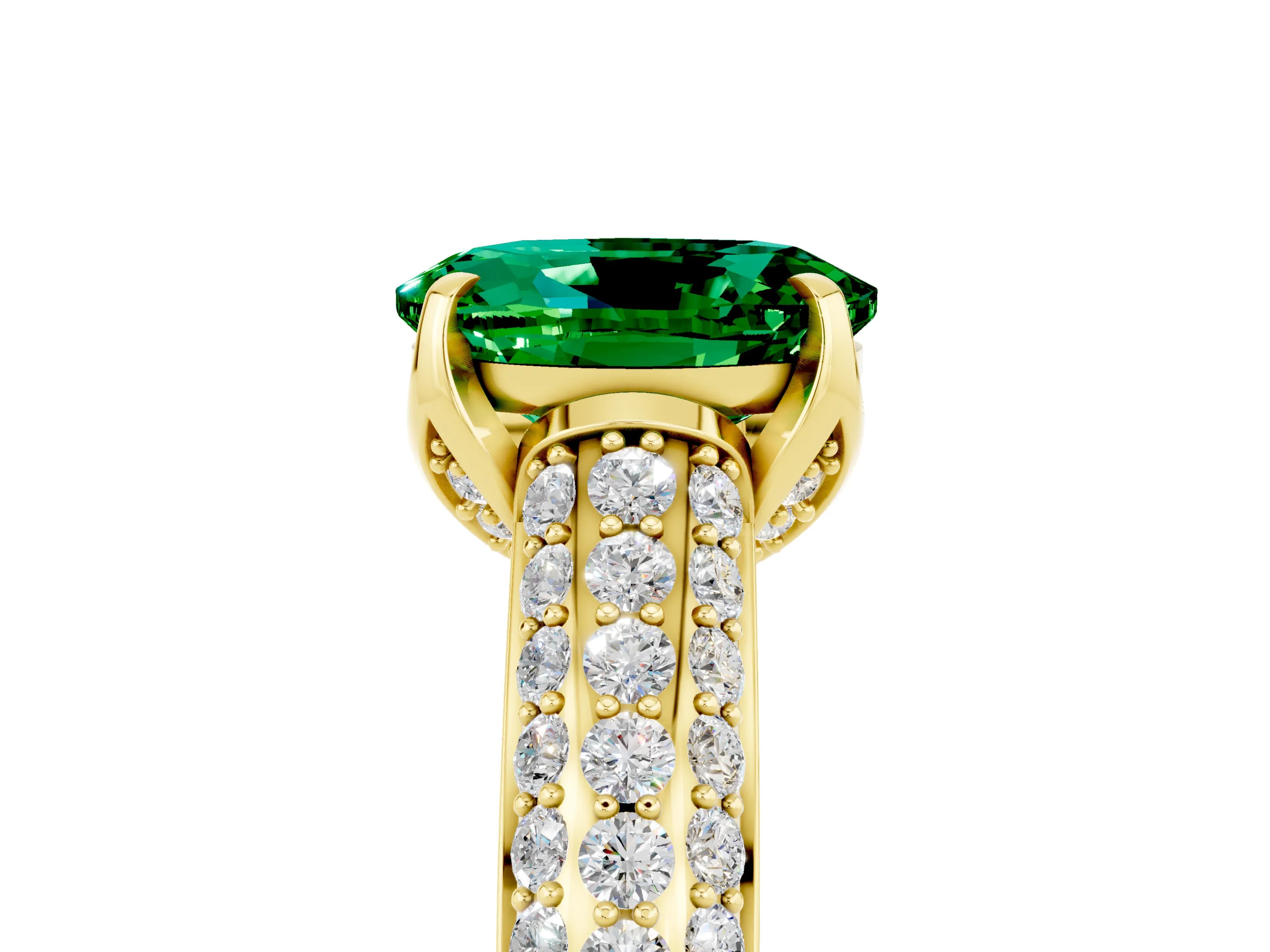 Yellow gold Oval Cut Emerald Solitaire Ring with Three-Row Pavé Band and Four-Prong Setting_17