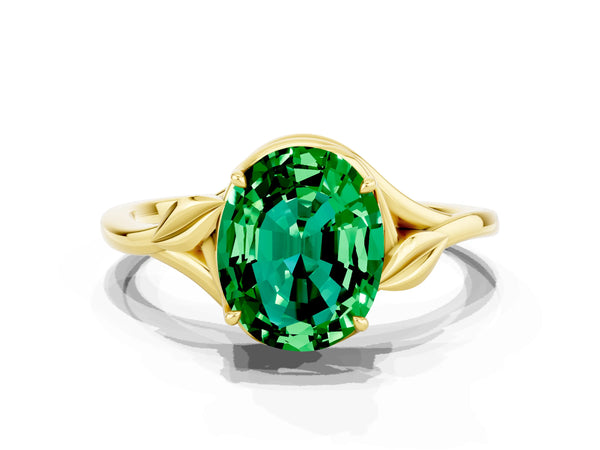 Yellow gold Oval Cut Emerald Solitaire Ring with Twist Band and Four-Prong Setting