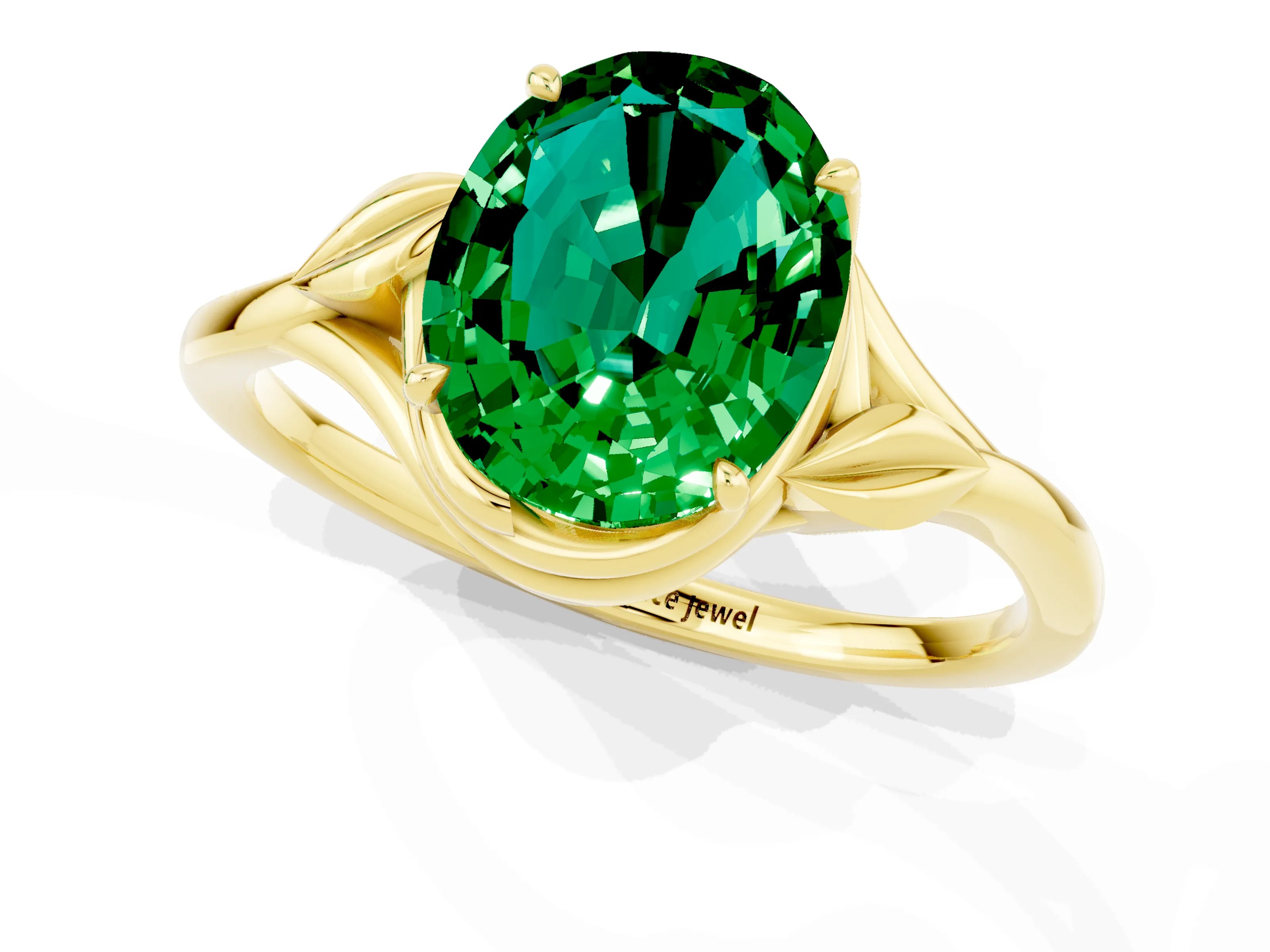 Yellow gold Oval Cut Emerald Solitaire Ring with Twist Band and Four-Prong Setting_25
