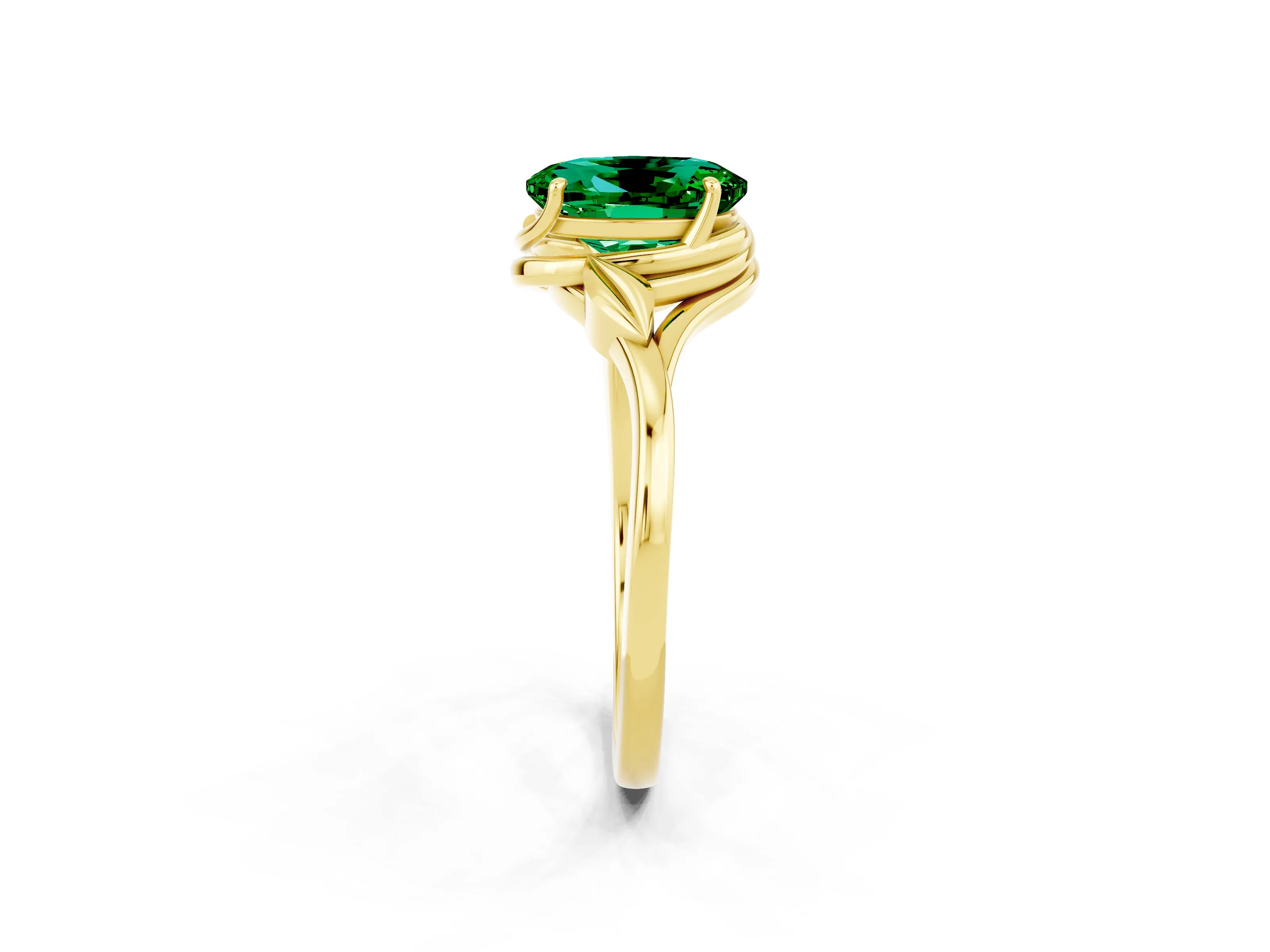 Yellow gold Oval Cut Emerald Solitaire Ring with Twist Band and Four-Prong Setting_26