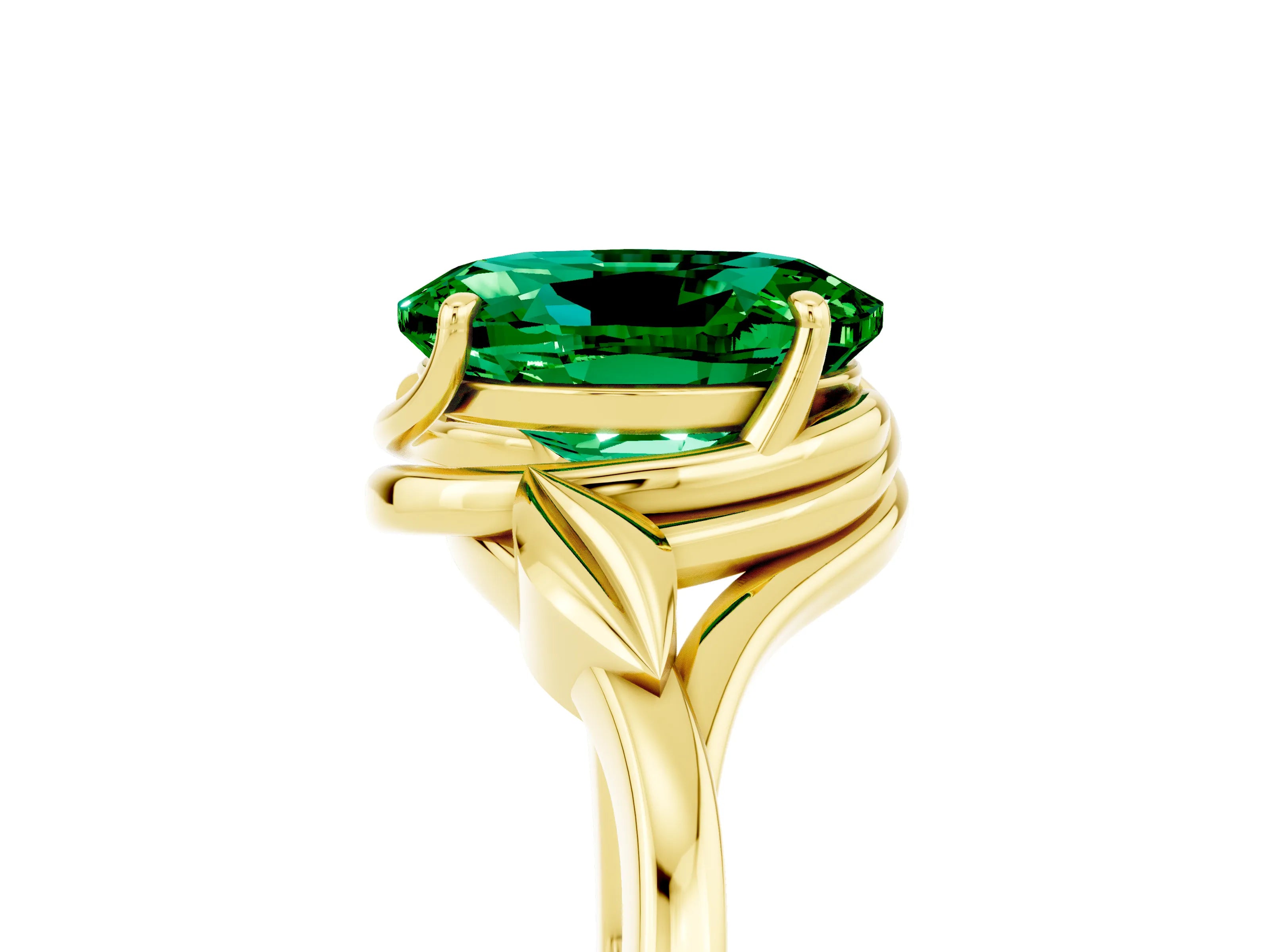 Yellow gold Oval Cut Emerald Solitaire Ring with Twist Band and Four-Prong Setting_29