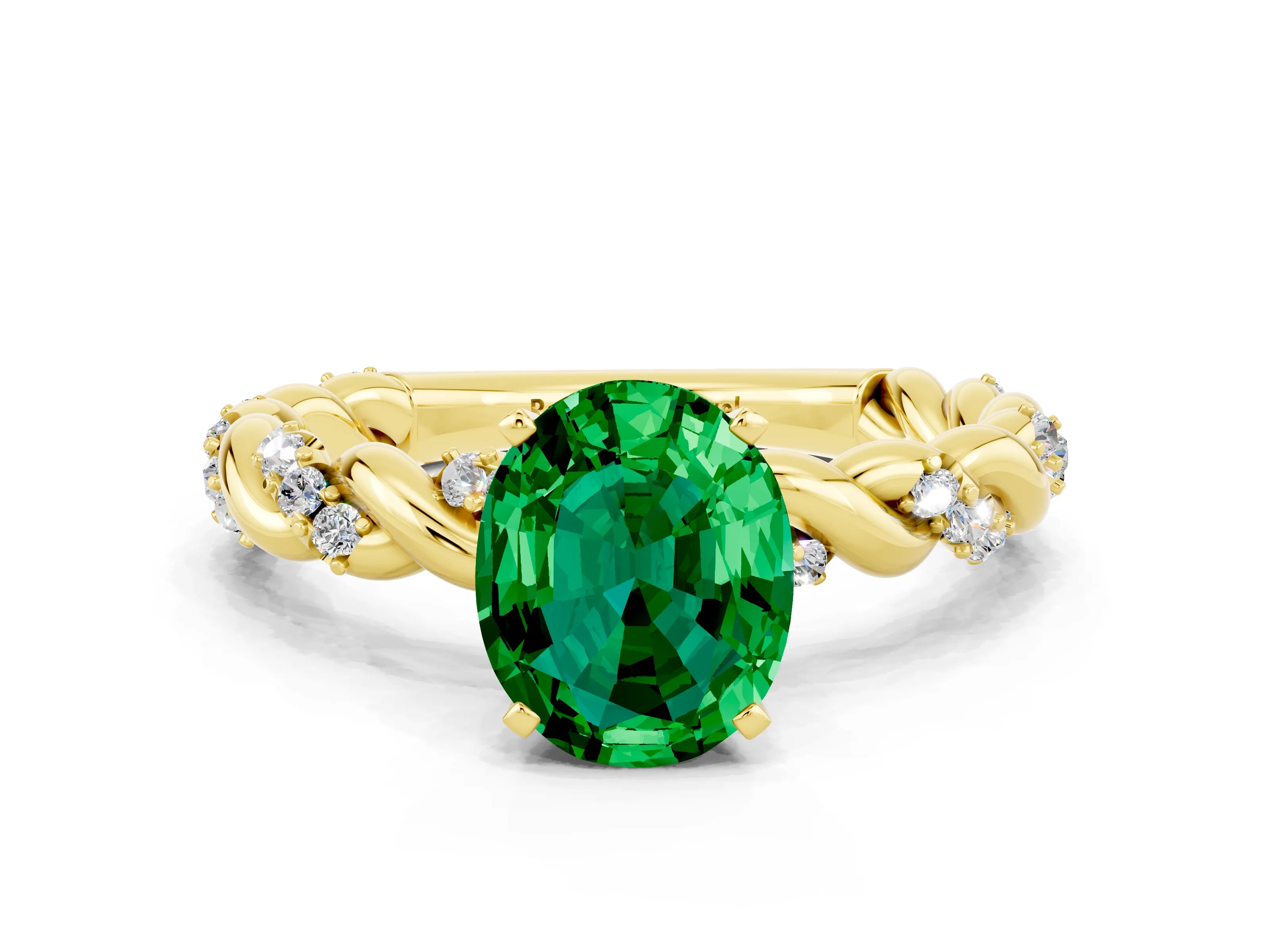 Yellow gold Oval Cut Emerald Solitaire Ring with Twisted Band and Pavé Accents