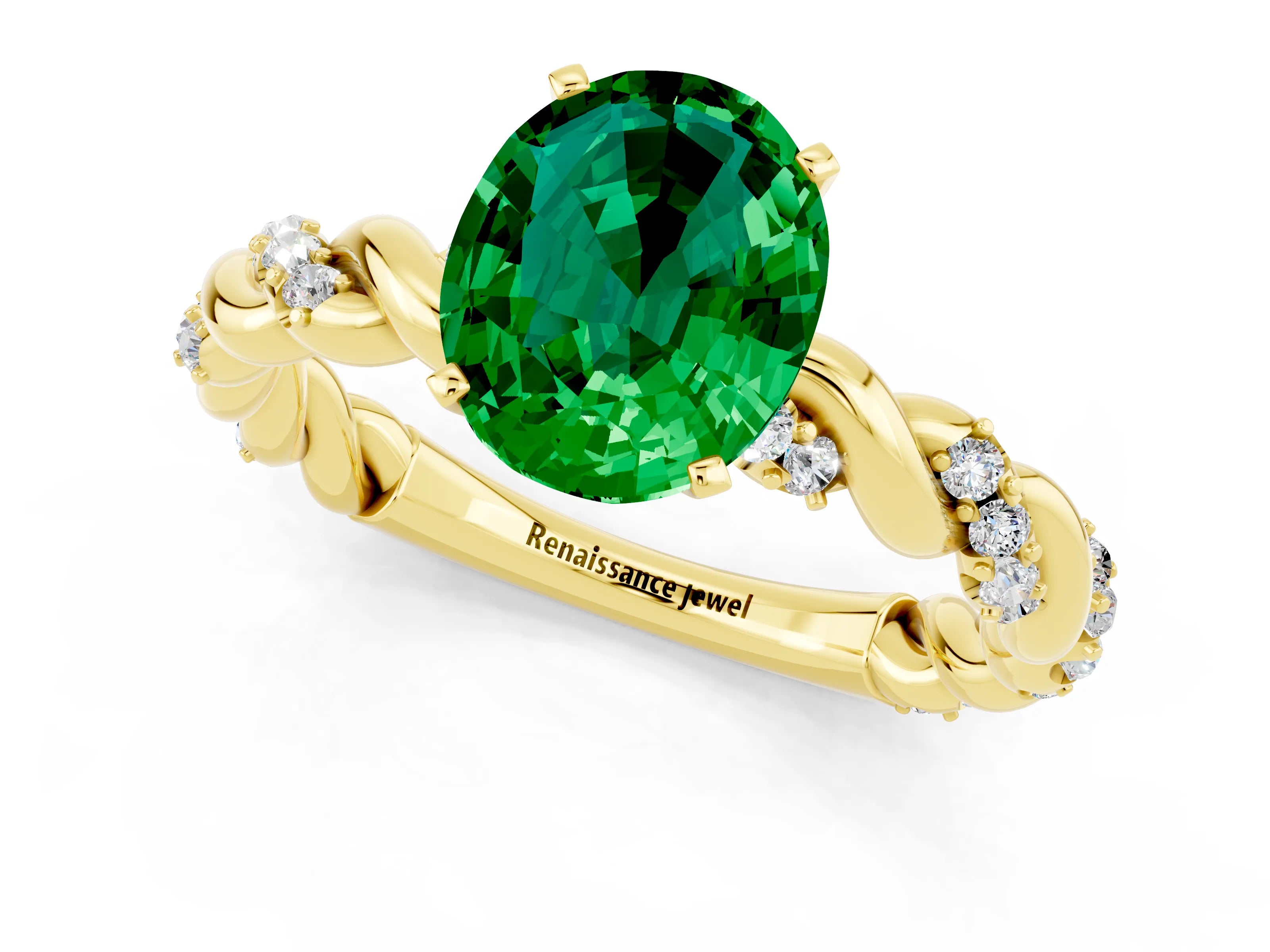Yellow gold Oval Cut Emerald Solitaire Ring with Twisted Band and Pavé Accents_1