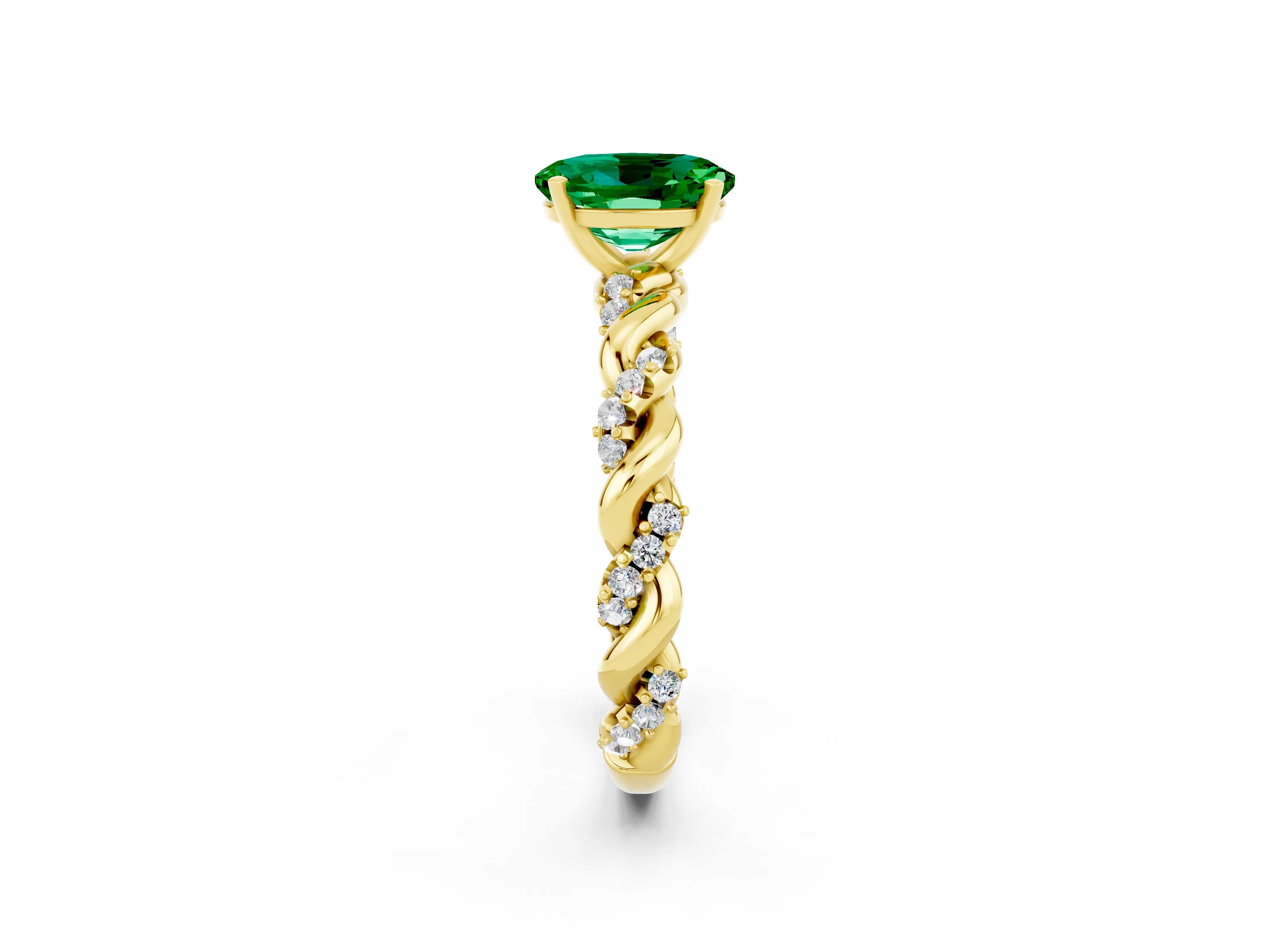 Yellow gold Oval Cut Emerald Solitaire Ring with Twisted Band and Pavé Accents_2