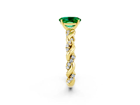 Yellow gold Oval Cut Emerald Solitaire Ring with Twisted Band and Pavé Accents_2