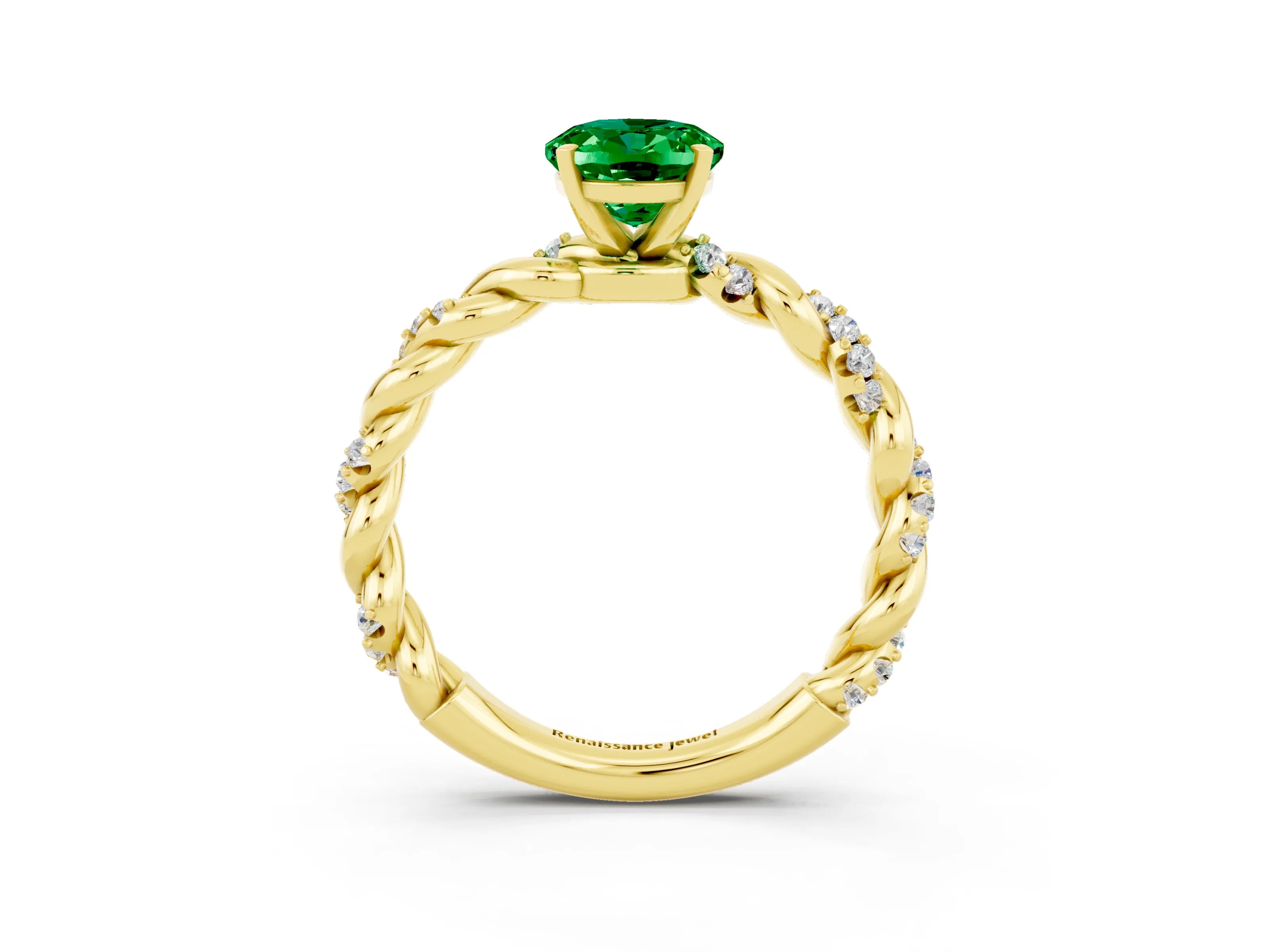 Yellow gold Oval Cut Emerald Solitaire Ring with Twisted Band and Pavé Accents_3