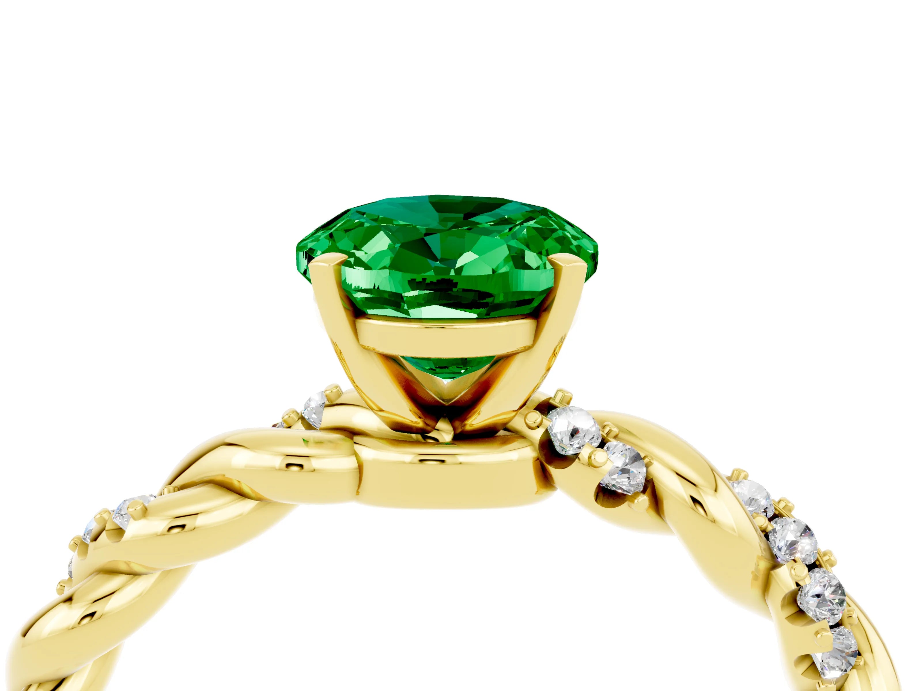 Yellow gold Oval Cut Emerald Solitaire Ring with Twisted Band and Pavé Accents_4