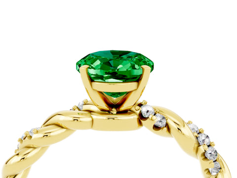 Yellow gold Oval Cut Emerald Solitaire Ring with Twisted Band and Pavé Accents_4