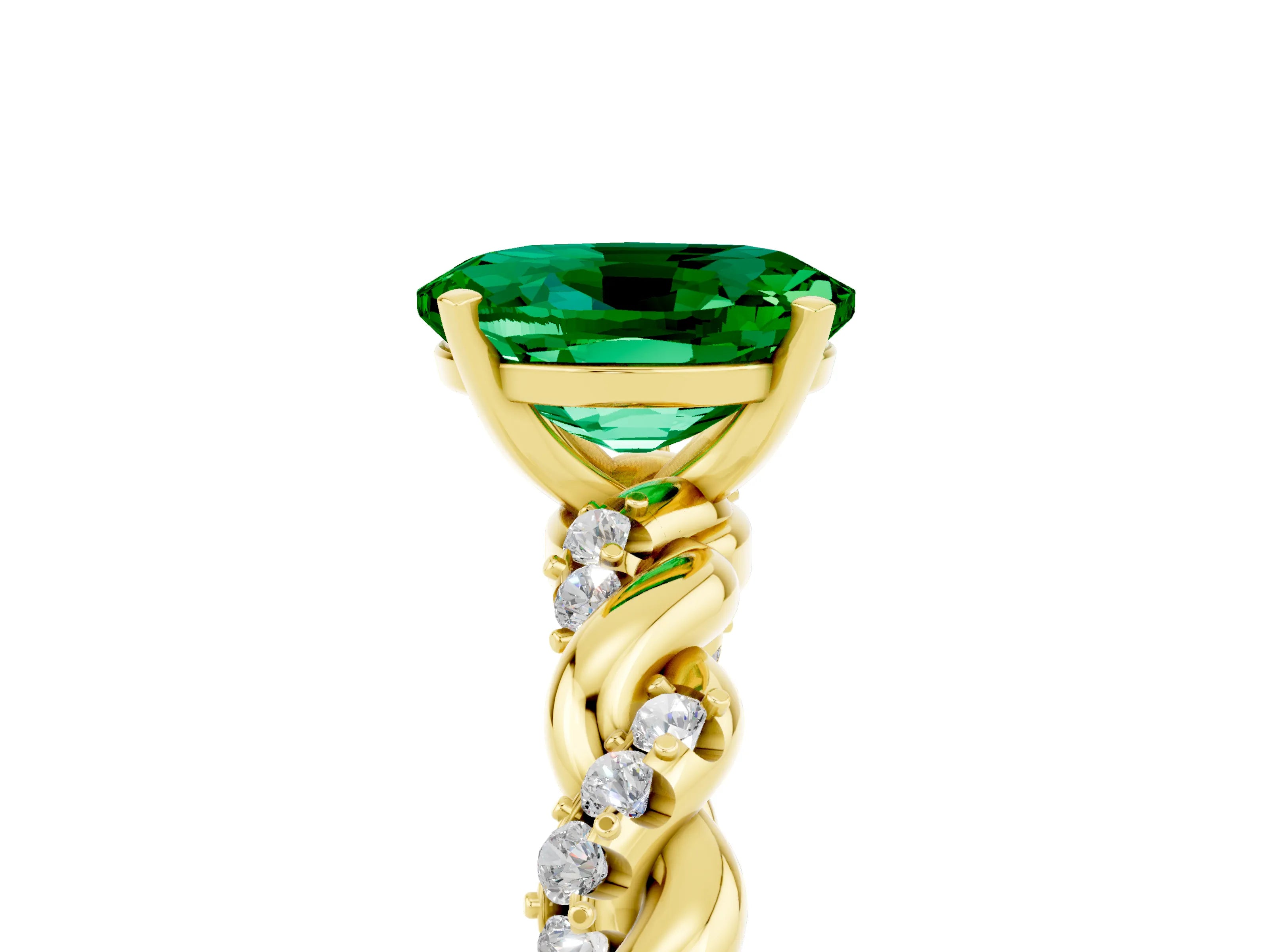 Yellow gold Oval Cut Emerald Solitaire Ring with Twisted Band and Pavé Accents_5