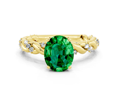 Yellow gold Oval Cut Emerald Solitaire Ring with Twisted Band and Pavé Accents