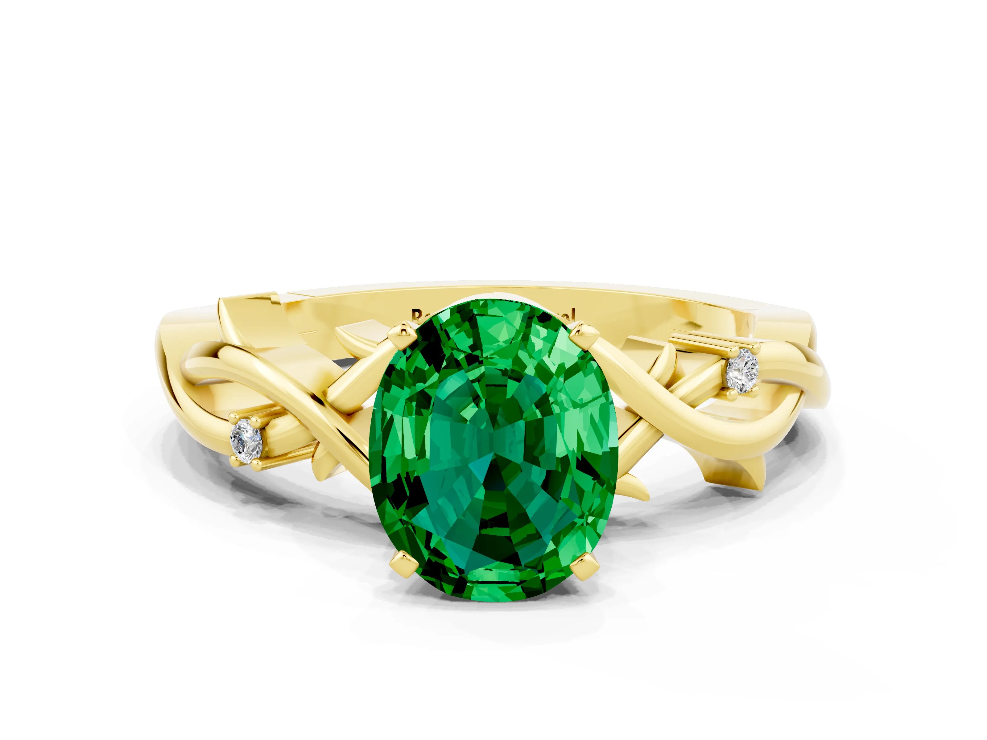 Yellow gold Oval Cut Emerald Solitaire Ring with Twisted Band and Prong Setting