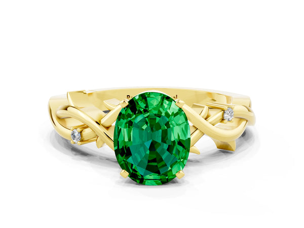 Yellow gold Oval Cut Emerald Solitaire Ring with Twisted Band and Prong Setting