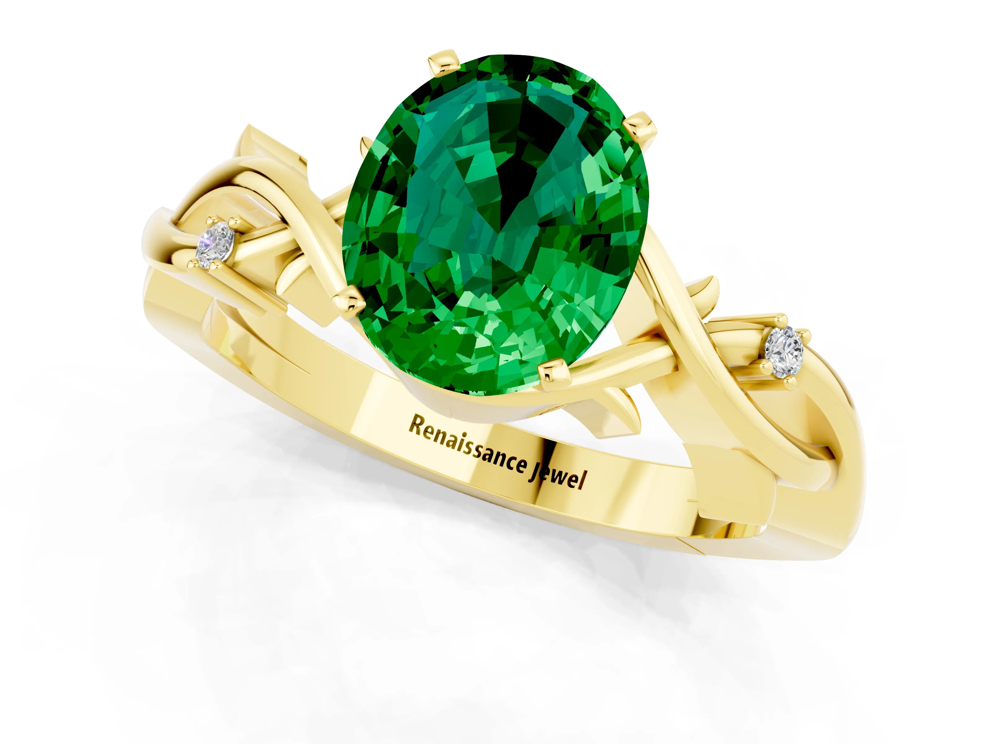 Yellow gold Oval Cut Emerald Solitaire Ring with Twisted Band and Prong Setting_1
