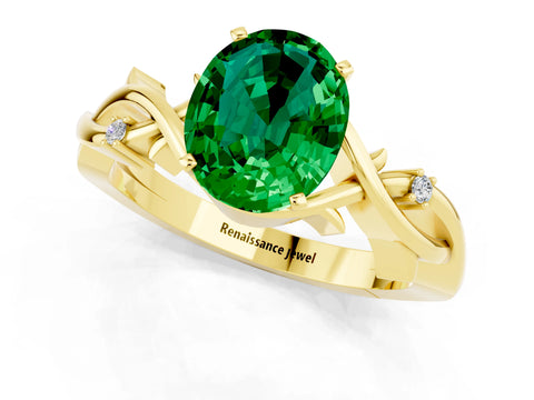 Yellow gold Oval Cut Emerald Solitaire Ring with Twisted Band and Prong Setting_1