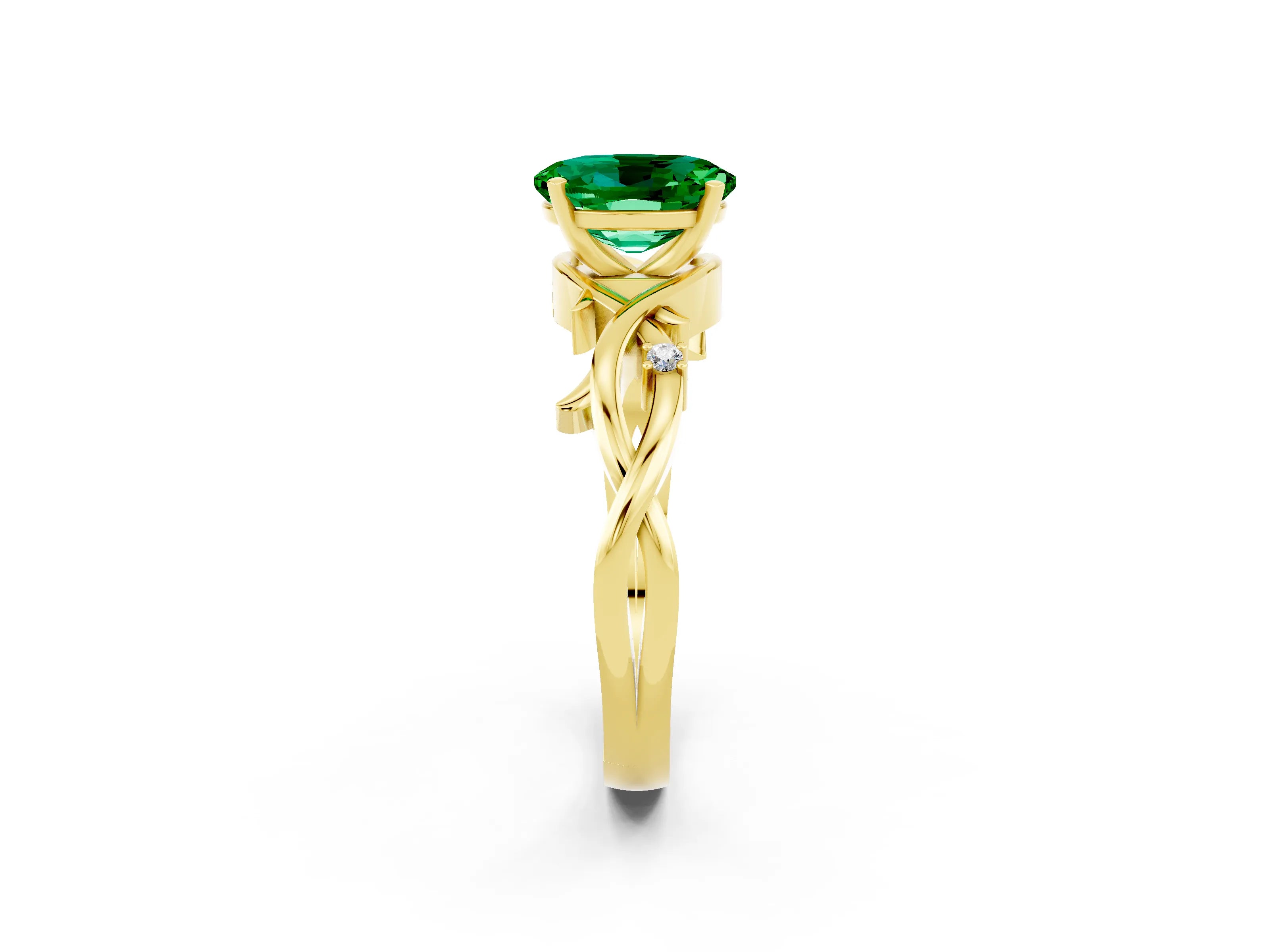 Yellow gold Oval Cut Emerald Solitaire Ring with Twisted Band and Prong Setting_2