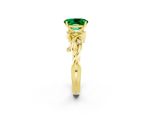Yellow gold Oval Cut Emerald Solitaire Ring with Twisted Band and Prong Setting
