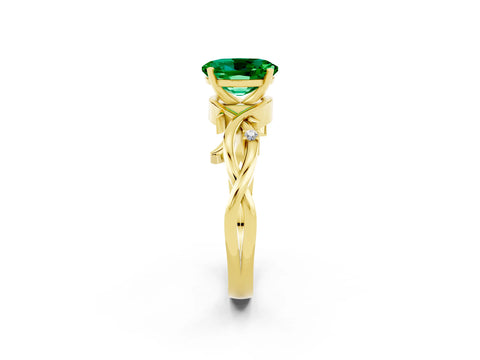 Yellow gold Oval Cut Emerald Solitaire Ring with Twisted Band and Prong Setting_2
