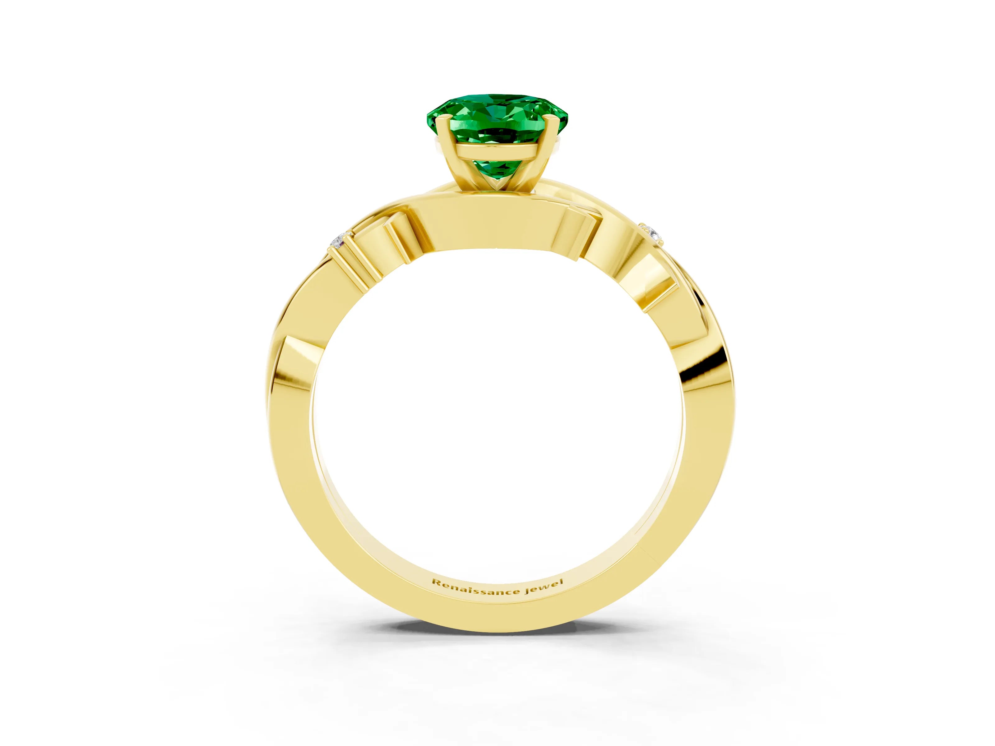 Yellow gold Oval Cut Emerald Solitaire Ring with Twisted Band and Prong Setting_3