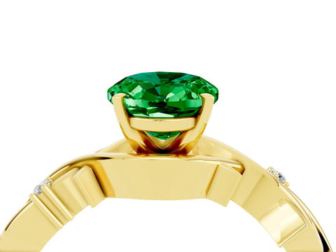 Yellow gold Oval Cut Emerald Solitaire Ring with Twisted Band and Prong Setting_4