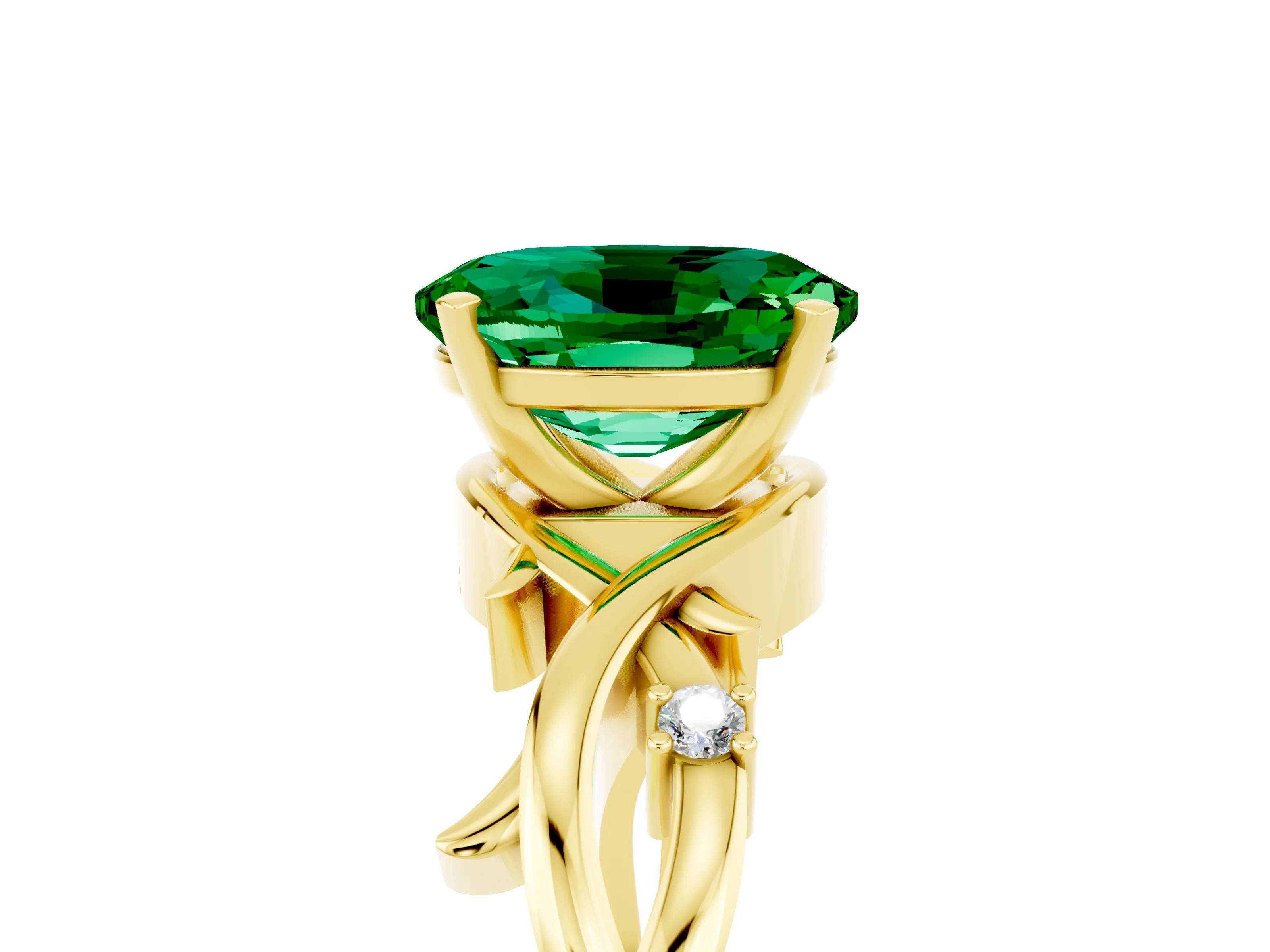 Yellow gold Oval Cut Emerald Solitaire Ring with Twisted Band and Prong Setting_5