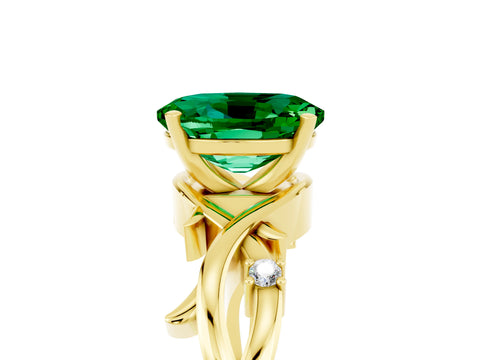 Yellow gold Oval Cut Emerald Solitaire Ring with Twisted Band and Prong Setting_5