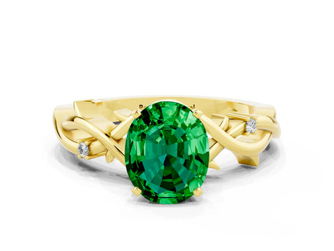 Yellow gold Oval Cut Emerald Solitaire Ring with Twisted Band and Prong Setting