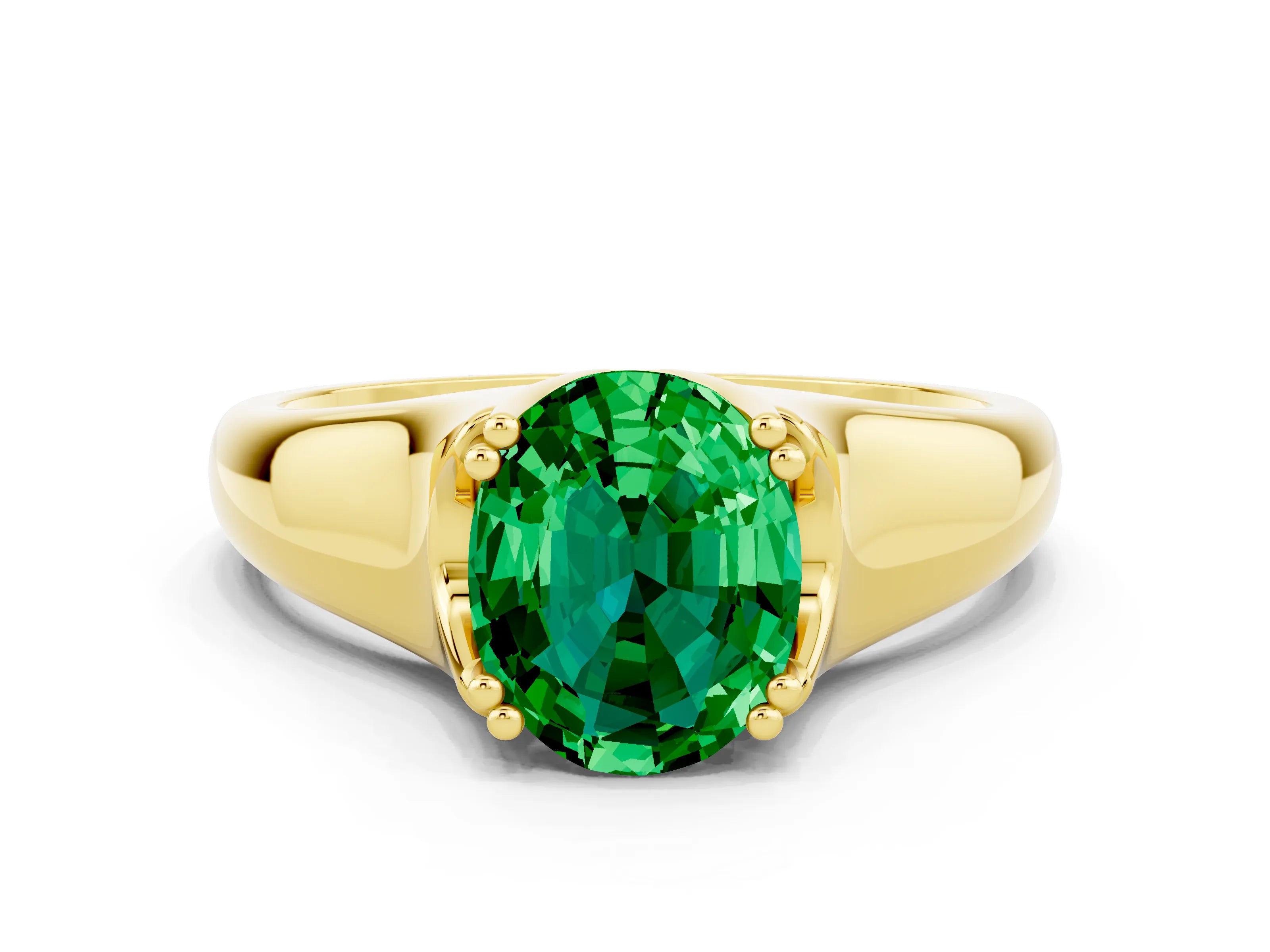 Yellow gold Oval Cut Emerald Solitaire Ring with Wide Band and Prong Setting