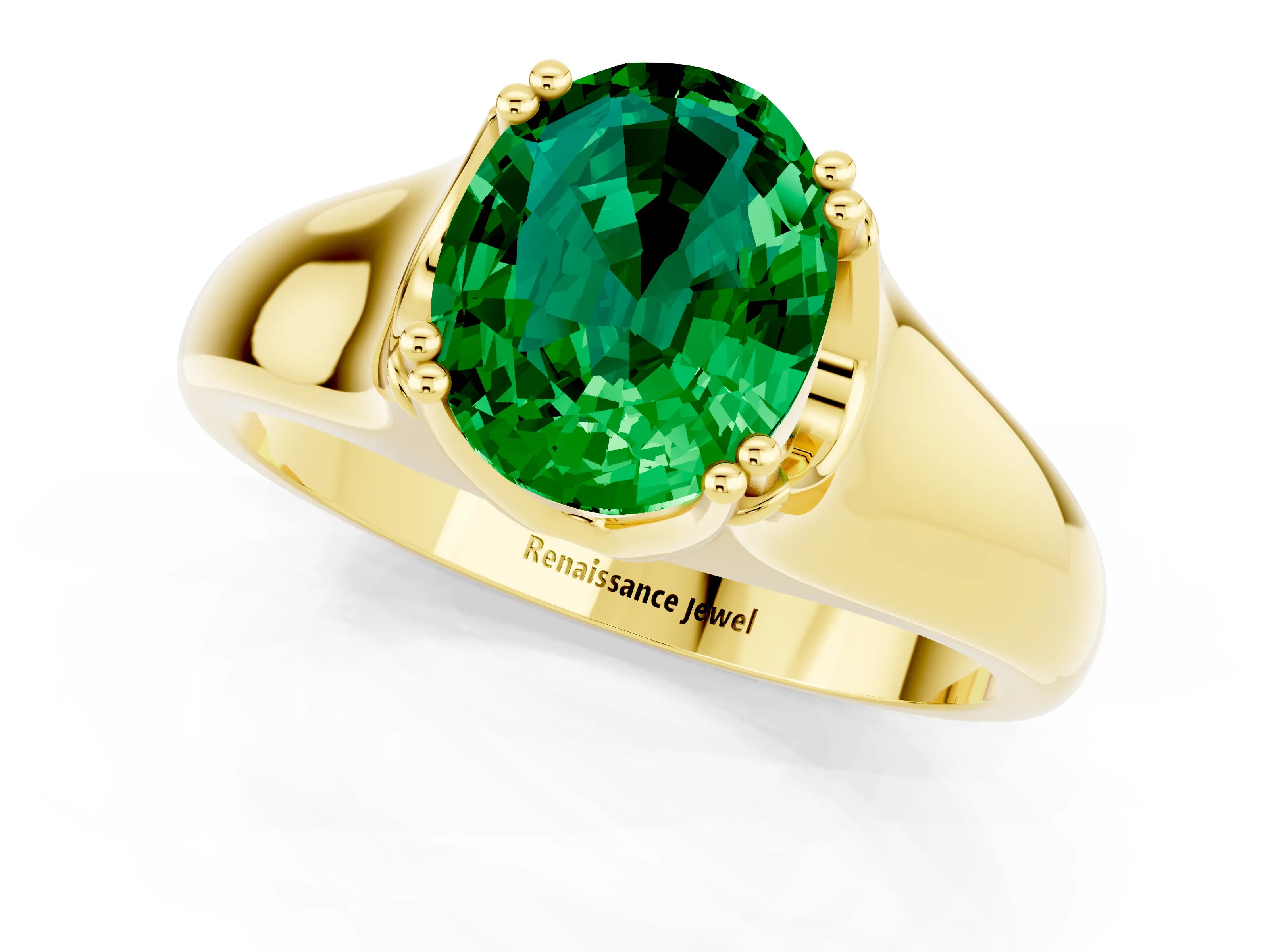 Yellow gold Oval Cut Emerald Solitaire Ring with Wide Band and Prong Setting_1