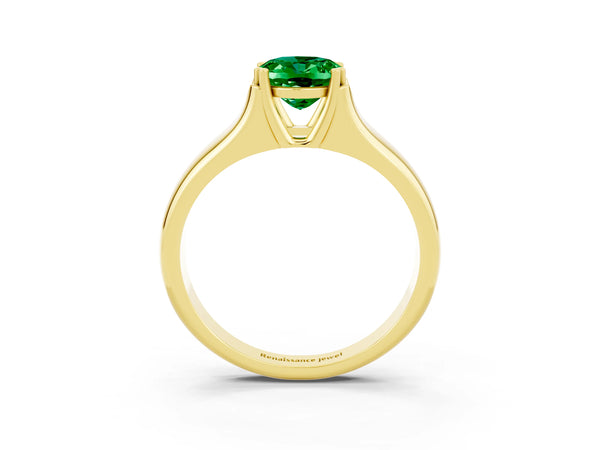 Yellow gold Oval Cut Emerald Solitaire Ring with Wide Band and Prong Setting
