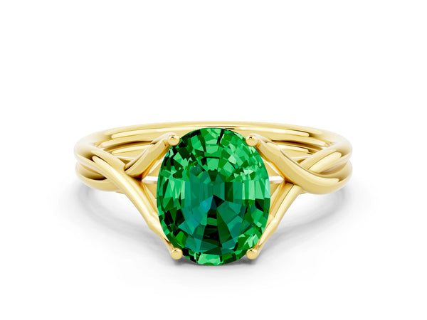 Yellow gold Oval Cut Emerald Solitaire Twist Band Prong Setting Ring