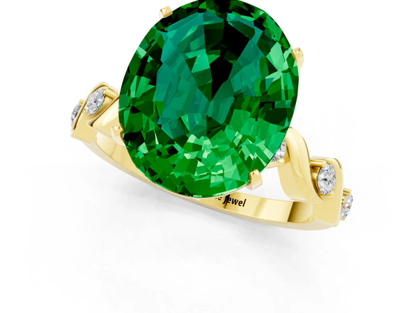 Yellow gold Oval Cut Emerald Solitaire Twisted Band with Round  Accents and Prong Setting