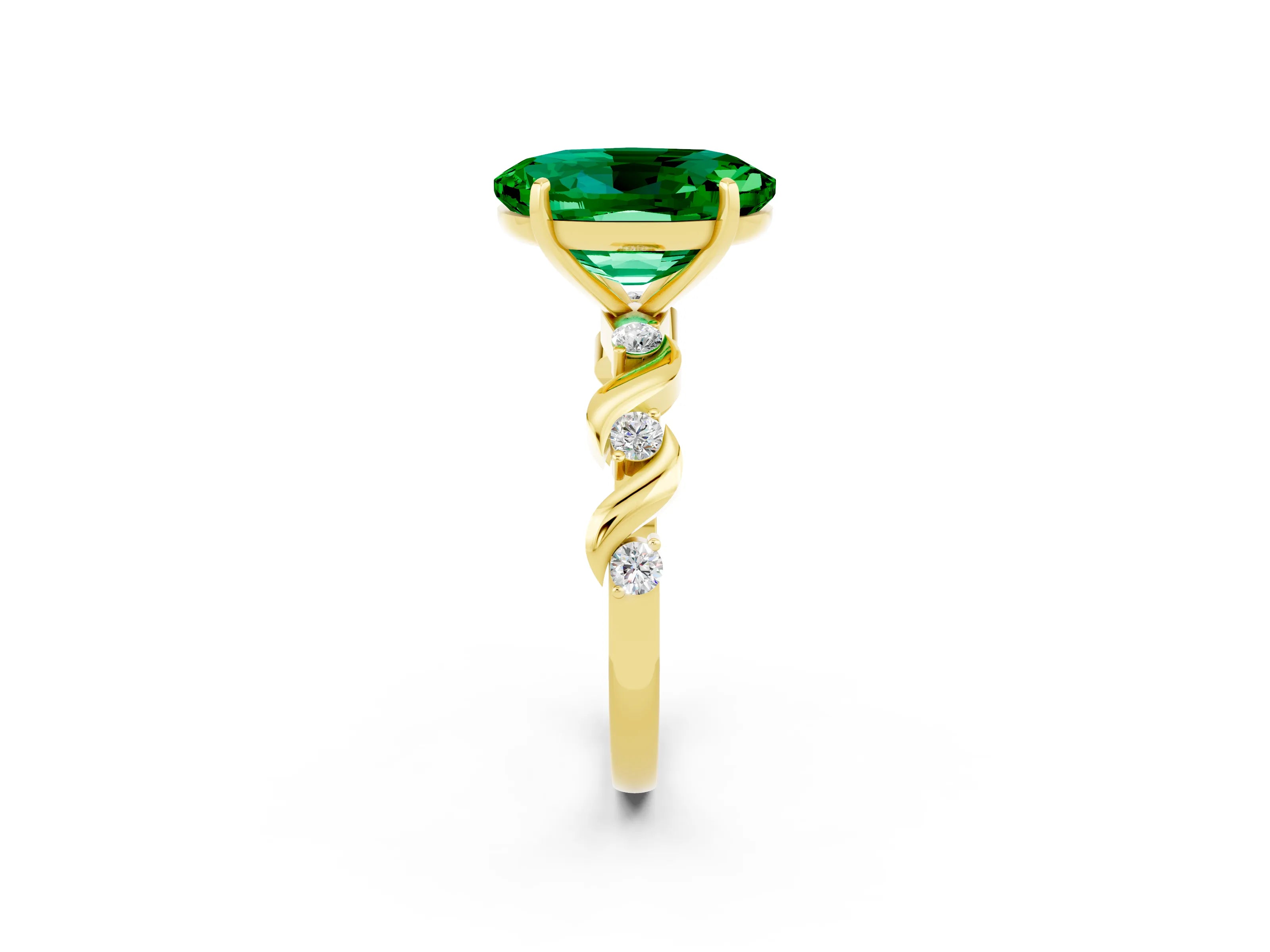 Yellow gold Oval Cut Emerald Solitaire Twisted Band with Round  Accents and Prong Setting_14