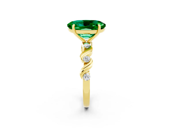 Yellow gold Oval Cut Emerald Solitaire Twisted Band with Round  Accents and Prong Setting