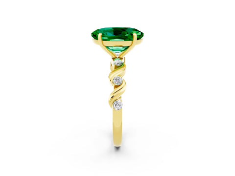 Yellow gold Oval Cut Emerald Solitaire Twisted Band with Round  Accents and Prong Setting_14