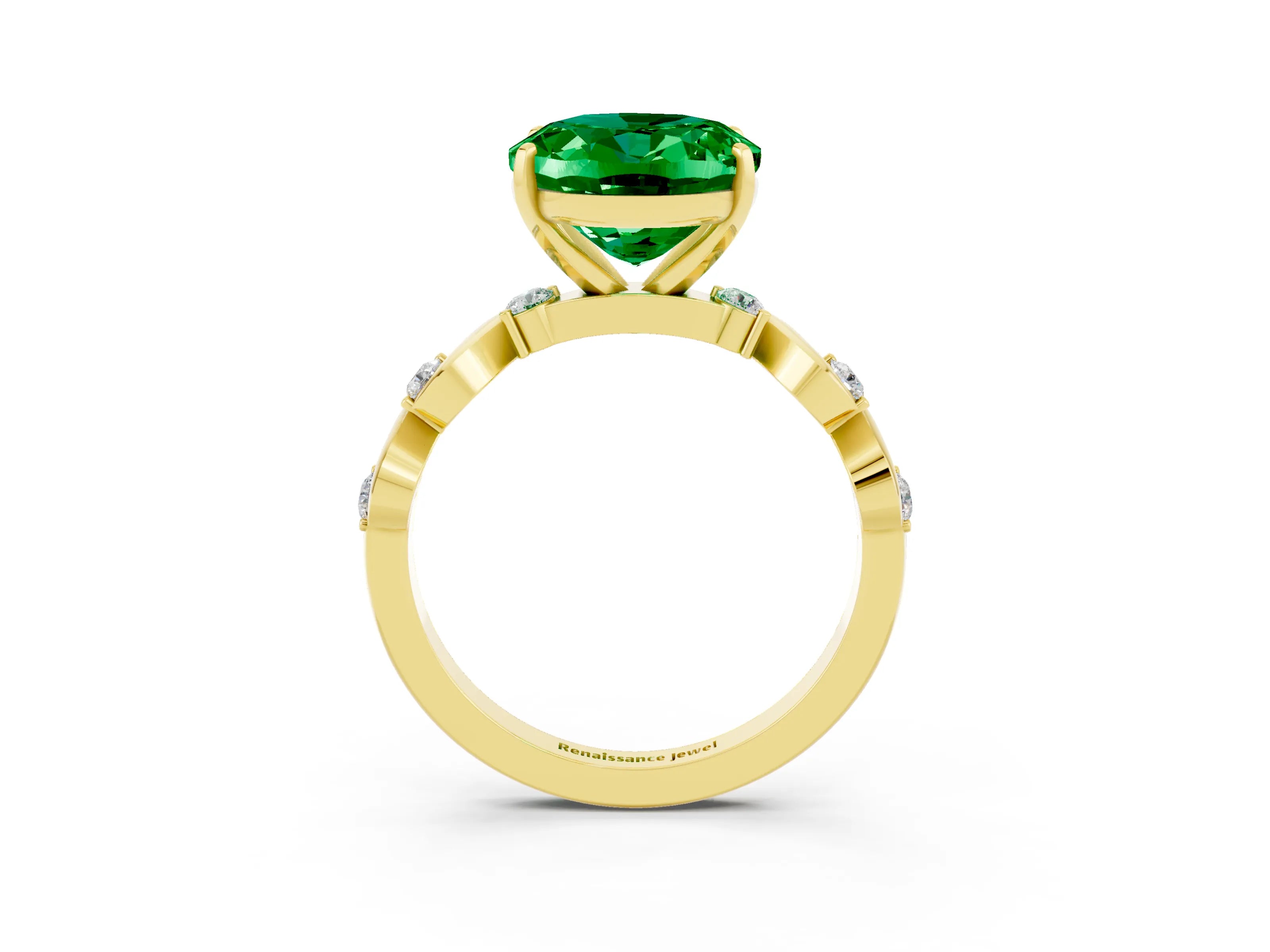 Yellow gold Oval Cut Emerald Solitaire Twisted Band with Round  Accents and Prong Setting_15