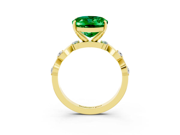 Yellow gold Oval Cut Emerald Solitaire Twisted Band with Round  Accents and Prong Setting
