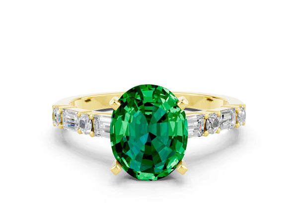 Yellow gold Oval Cut Emerald Solitaire with Side Baguettes and Channel Set Band