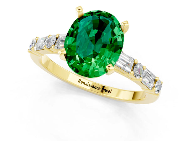 Yellow gold Oval Cut Emerald Solitaire with Side Baguettes and Channel Set Band
