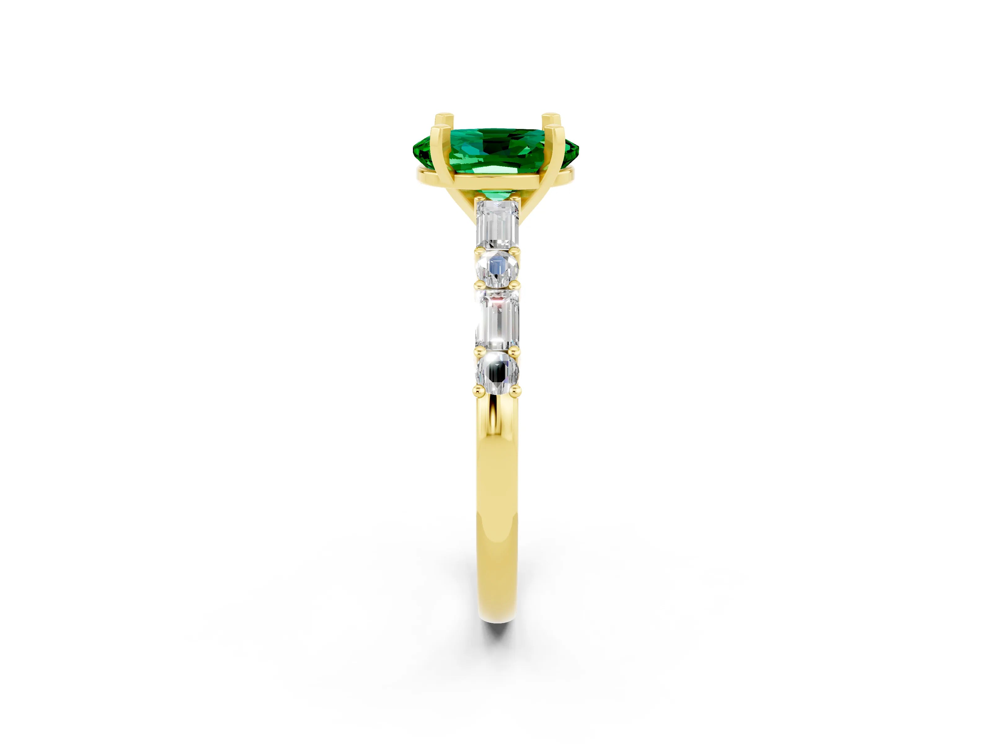 Yellow gold Oval Cut Emerald Solitaire with Side Baguettes and Channel Set Band_2