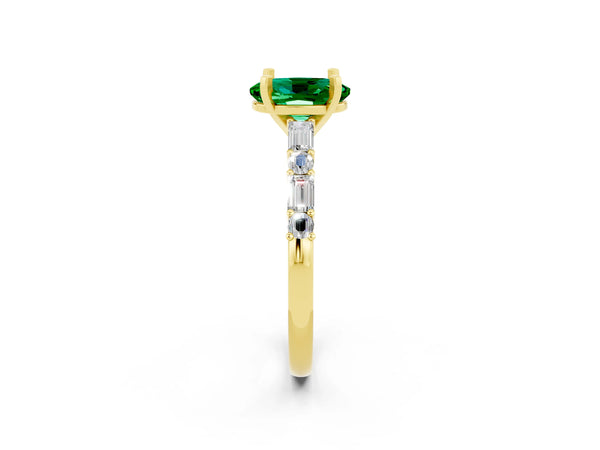 Yellow gold Oval Cut Emerald Solitaire with Side Baguettes and Channel Set Band