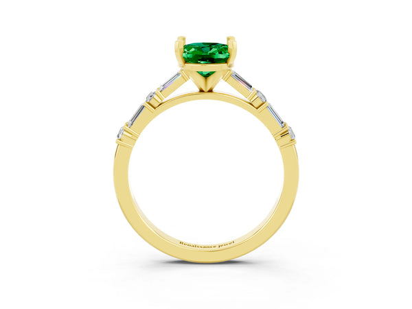 Yellow gold Oval Cut Emerald Solitaire with Side Baguettes and Channel Set Band