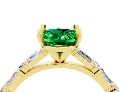 Yellow gold Oval Cut Emerald Solitaire with Side Baguettes and Channel Set Band_4