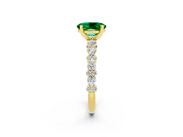 Yellow gold Oval Cut Emerald Side Stone Solitaire Ring with Round  and Four-Prong Setting