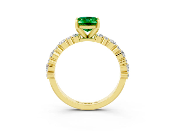 Yellow gold Oval Cut Emerald Side Stone Solitaire Ring with Round  and Four-Prong Setting
