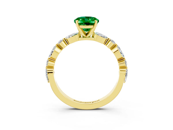 Yellow gold Oval Cut Emerald Ring with Marquise and Round  Side Stones and Four-Prong Setting