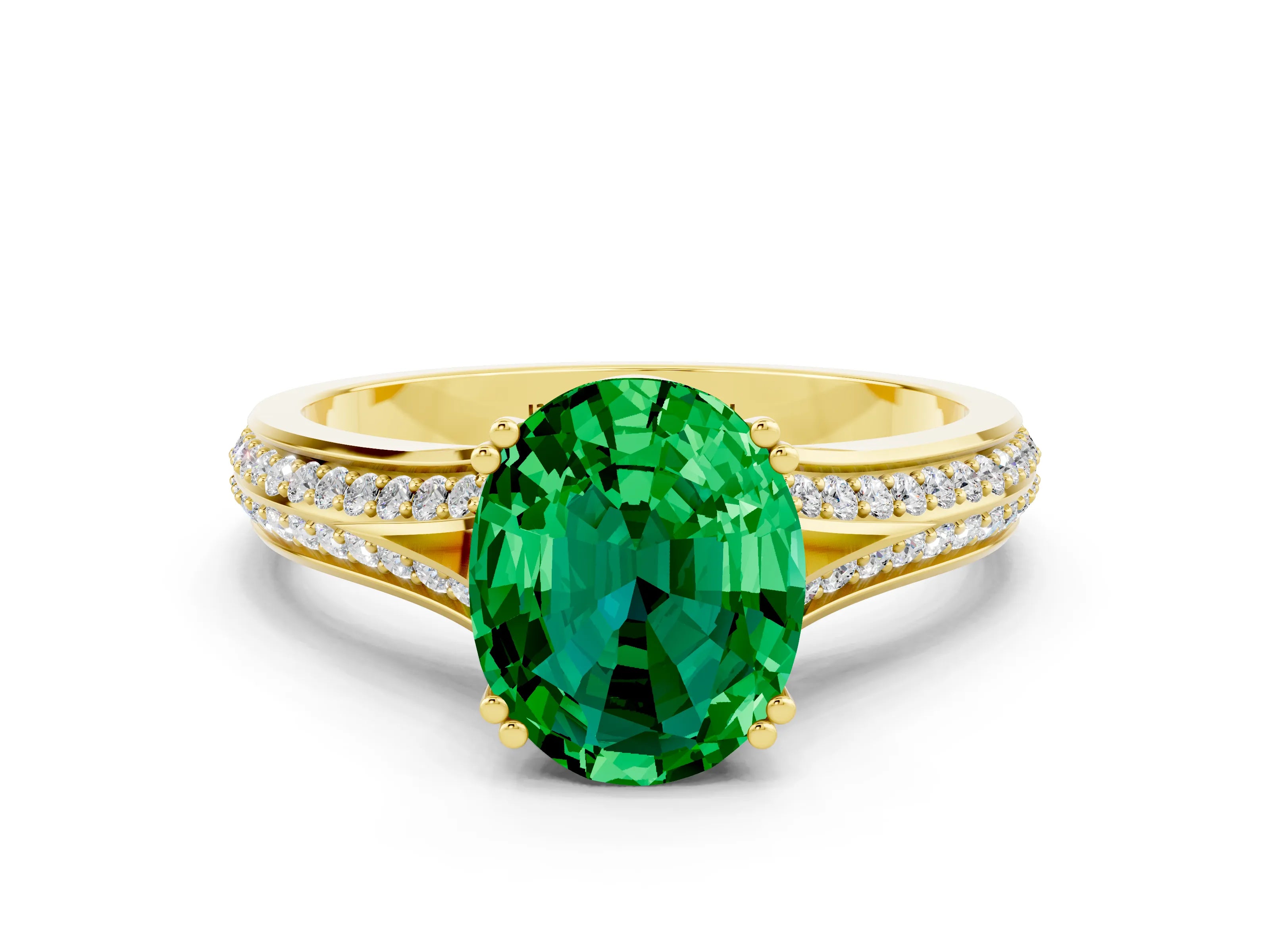 Yellow gold Oval Cut Emerald Split Shank Engagement Ring with Pavé Band